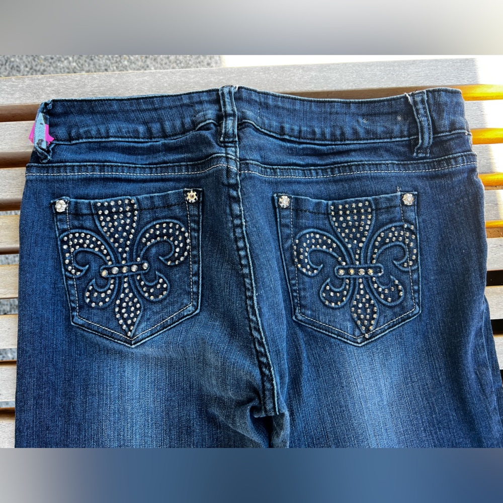 Miss Chic Blue Straight Leg Jeans with Fleur DeLis Embellishments